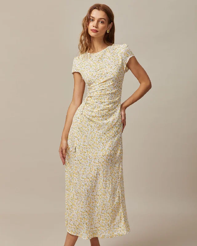 The Yellow Round Neck Floral Midi Dress Bold Women's Animal Print