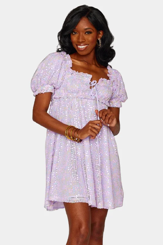 Jac Puff Sleeve Short Dress - Lavender Trendy Women's Oversized