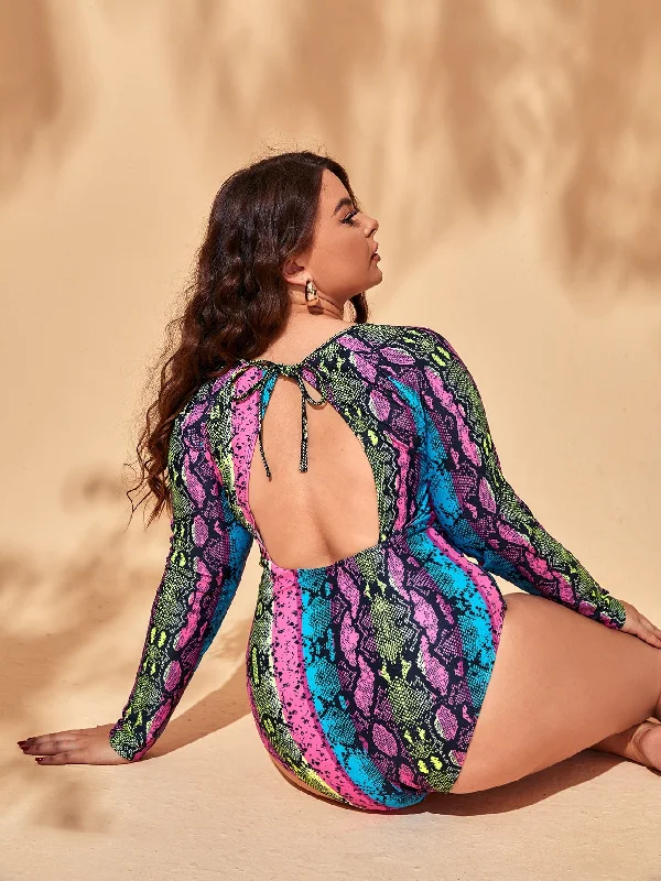 Boho Snakeskin Print Cut Out Scoop Neck Plus Size One-Pieces