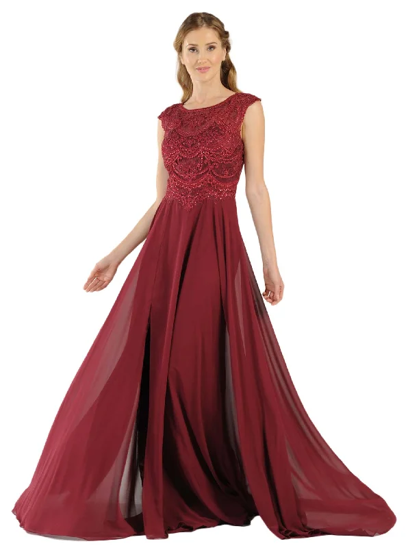 Poly USA - 8254 Cap Sleeve Embroidered Illusion Chiffon Gown Earthy Women's Hemp - based Poly USA - 8254 Cap Sleeve Embroidered Illusion Chiffon Gown Earthy Women's Hemp - based
