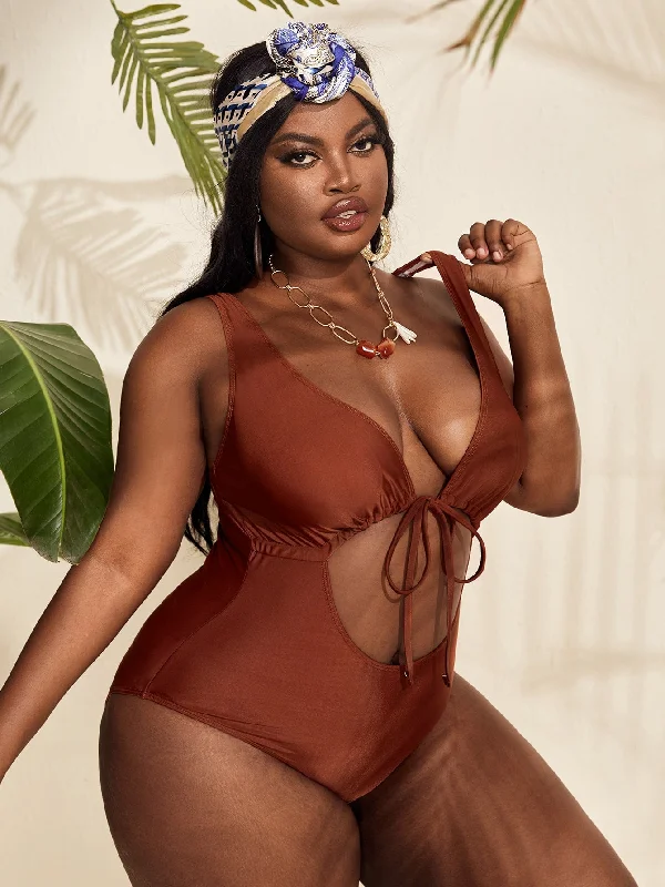 Casual Plain Cut Out Plunge Neck Plus Size One-Pieces