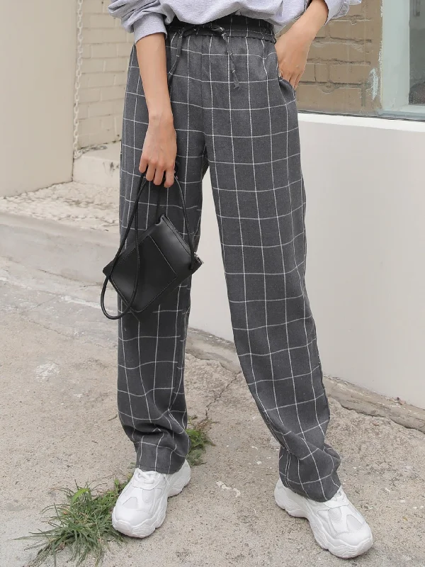 Casual Plaid Knot High Waist Long Women Pants