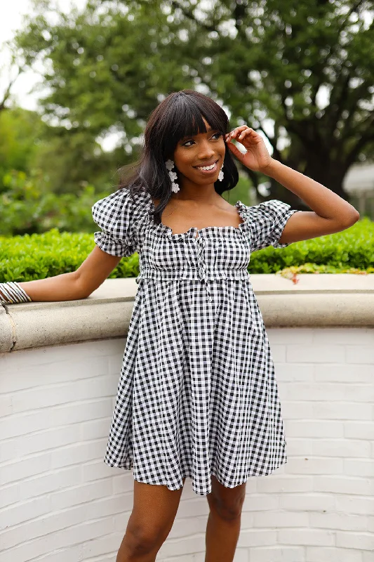 Jac Puff Sleeve Short Dress - Black Plaid Sophisticated Women's Tailored
