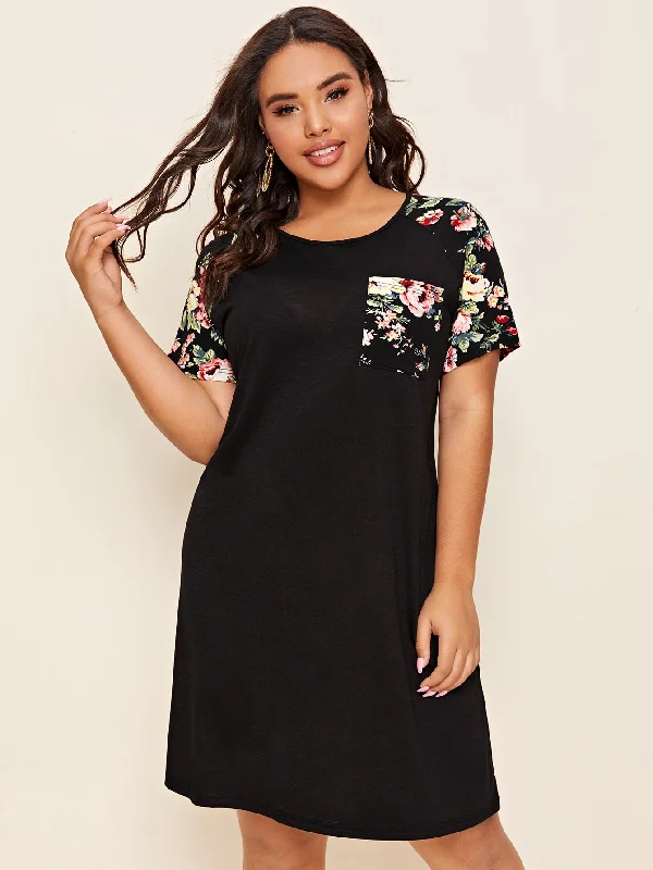 Casual Floral Pocket Short Sleeve Round Neck Straight Natural Short Plus Size Dress Modern Women's Casual Floral Pocket Short Sleeve Round Neck Straight Natural Short Plus Size Dress Modern Women's