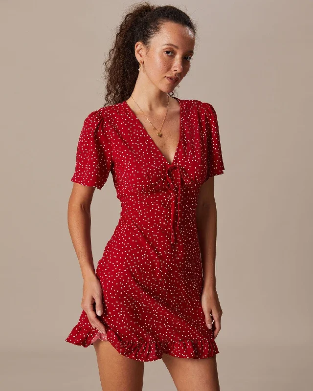 The Red V Neck Polka Dot Flounce Mini Dress Artistic Women's Avant - 