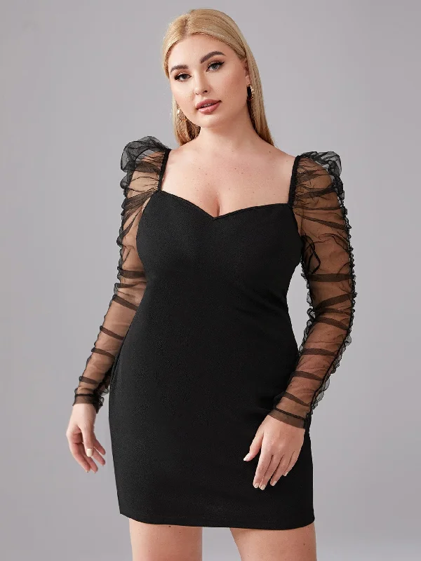 Elegant Plain Sheer Long Sleeve Sweetheart Pencil Natural Short Plus Size Dress