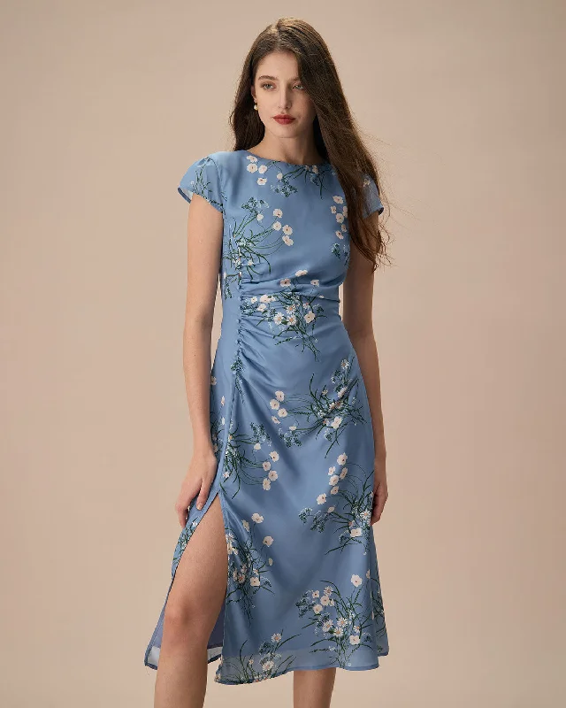 The Blue Round Neck Slit Floral Midi Dress Monochromatic Office Style
