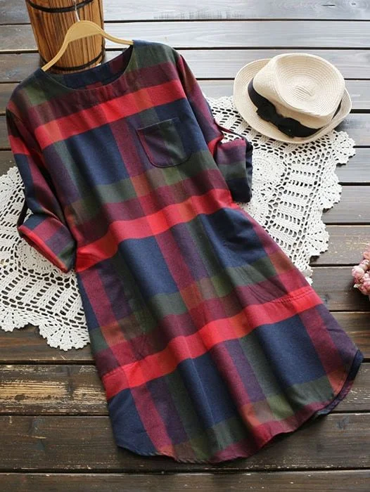 Casual Plaid Long Sleeve Round Neck Straight Short Plus Size Dress