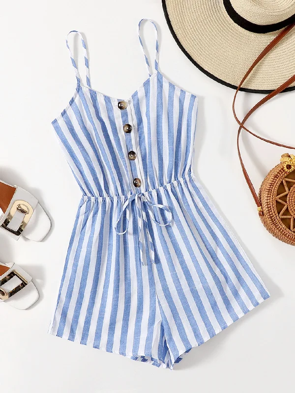 Boho Striped Button Front Sleeveless Spaghetti Strap High Waist Short Women Jumpsuit