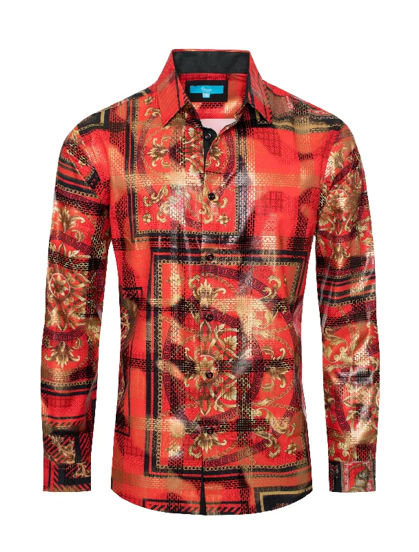 Red Digital Printed Design Stretch  Shirt 4404