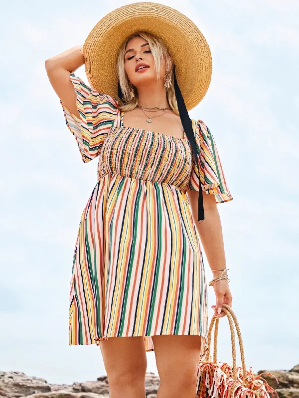 Boho Striped Shirred Short Sleeve Square Neck Flared High Waist Short Plus Size Dress Sleek Women's Metallic Boho Striped Shirred Short Sleeve Square Neck Flared High Waist Short Plus Size Dress Sleek Women's Metallic