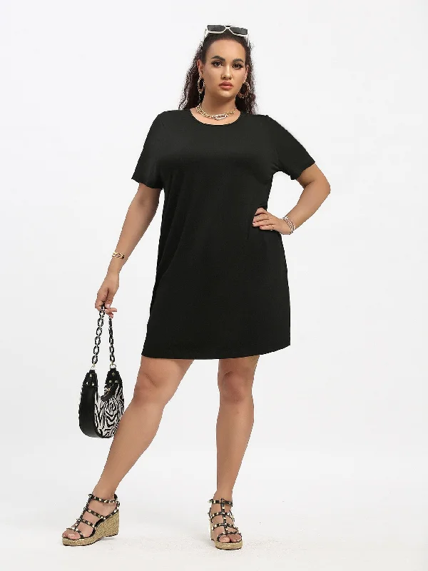 Casual Plain Cut Out Short Sleeve Round Neck Straight Short Plus Size Dress Refined Women's Casual Plain Cut Out Short Sleeve Round Neck Straight Short Plus Size Dress Refined Women's