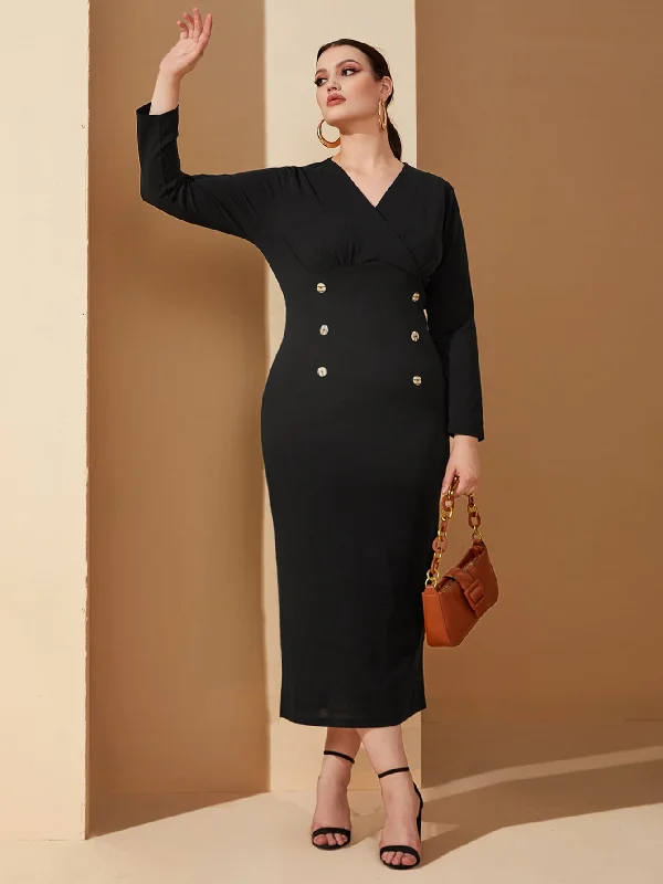 Elegant Plain Split Long Sleeve V Neck Pencil High Waist Long Plus Size Dress