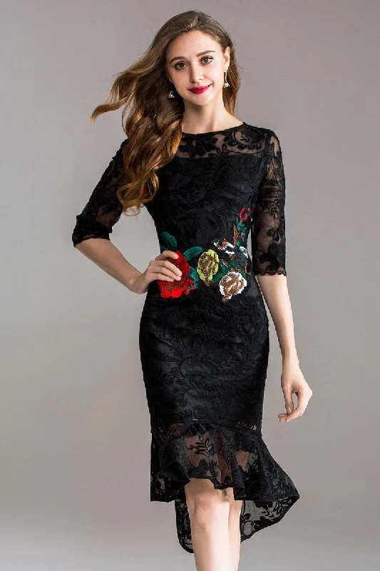 Black Lace Dress W/ Rose Embroidery performance