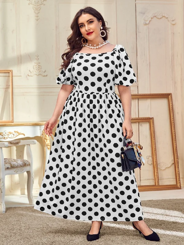 Elegant Polka Dot Zipper Short Sleeve Square Neck Flared High Waist Long Plus Size Dress Laid - back Women's Vibe Elegant Polka Dot Zipper Short Sleeve Square Neck Flared High Waist Long Plus Size Dress Laid - back Women's Vibe