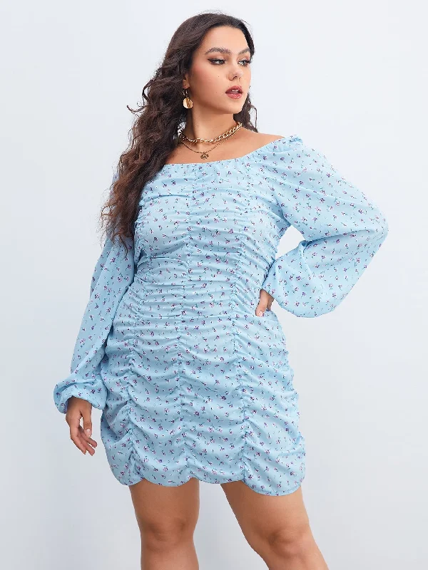 Boho Ditsy Floral Ruched Long Sleeve Square Neck Pencil Natural Short Plus Size Dress