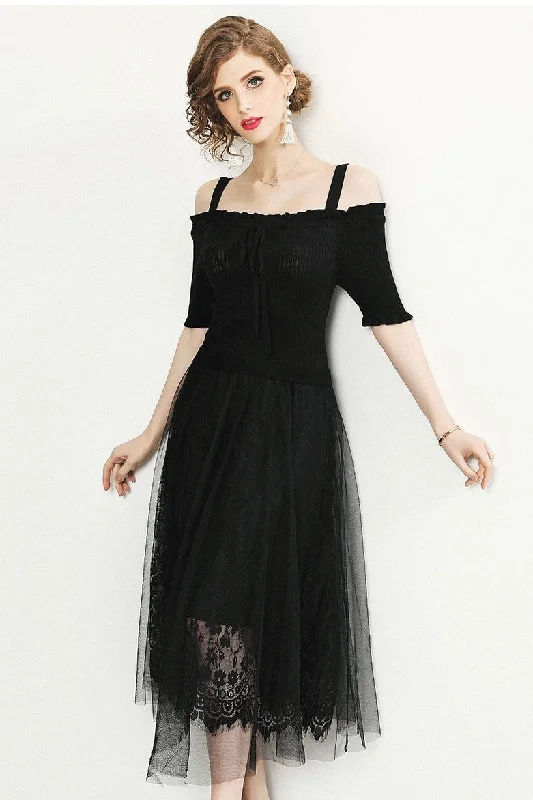 Off Shoulder Lace and Mesh Dress Monochromatic Office Style