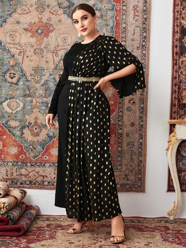 Elegant All Over Print Zipper Three Quarter Length Sleeve Round Neck Flared High Waist Maxi Plus Size Dress