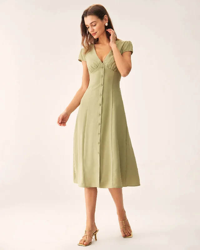Green V-Neck Button Midi Dress Vintage Women's 1970S 