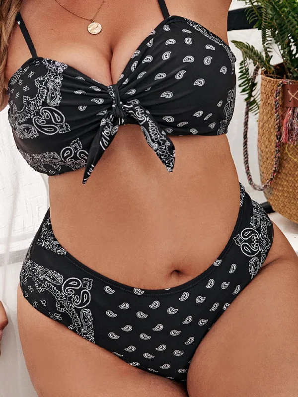 Cute Paisley Ruched Bust Spaghetti Strap Plus Size Bikini Bottoms