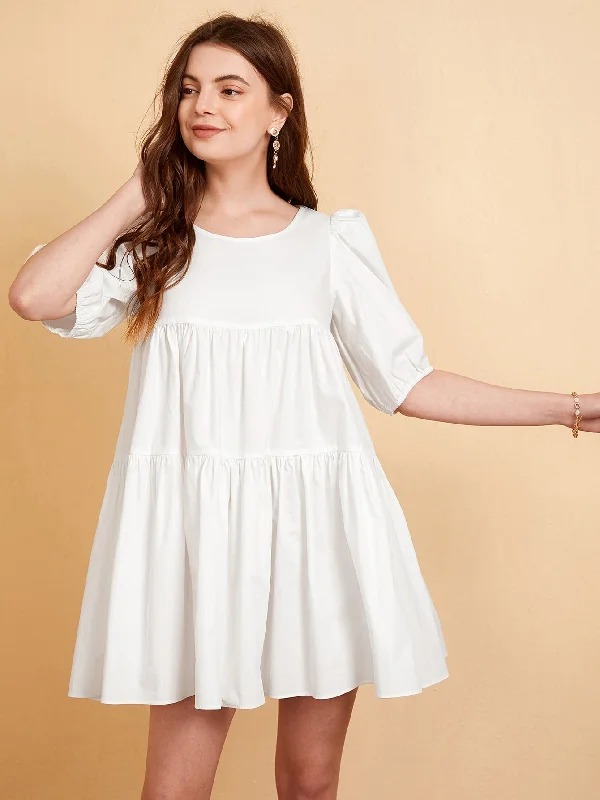 Plain Ruffle Hem Half Sleeve Round Neck Flounce High Waist Mini Dress