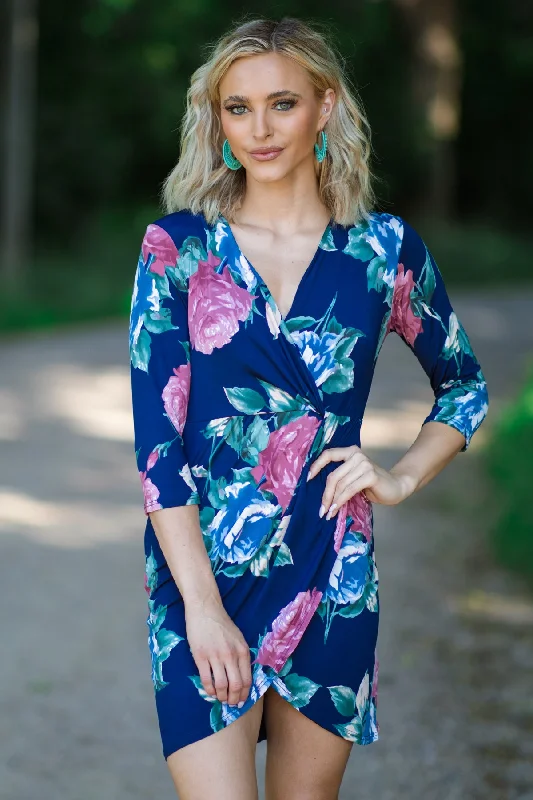 Navy and Dusty Rose Floral Print Dress