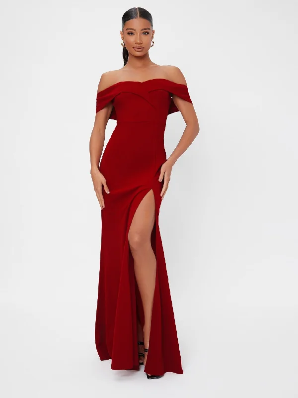 Glamorous Plain Split Thigh Cap Sleeve Off The Shoulder Slit High Waist Maxi Dress