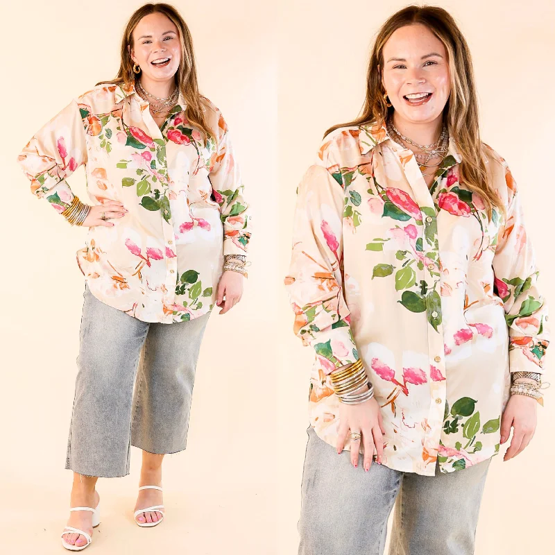 Tell Me Something Good Floral Long Sleeve Button Up Top in Beige