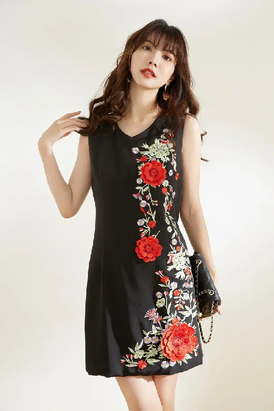 Embroidered Sleeveless Midi Dress Monochromatic Office Style