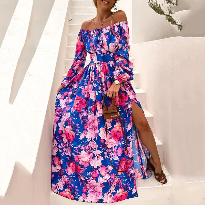 Vacation Off-Neck Floral Print Long Sleeve Slit Dress Wholesale Maxi Dresses