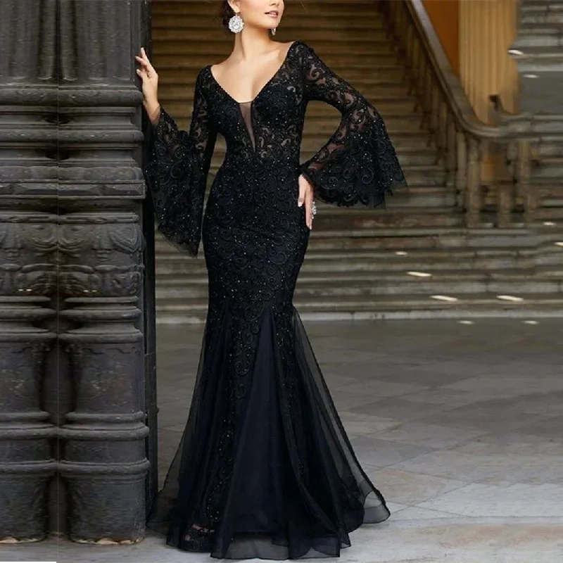 Sexy V-Neck Lace Embroidery Fishtail Slim Evening Dresses Wholesale Dresses