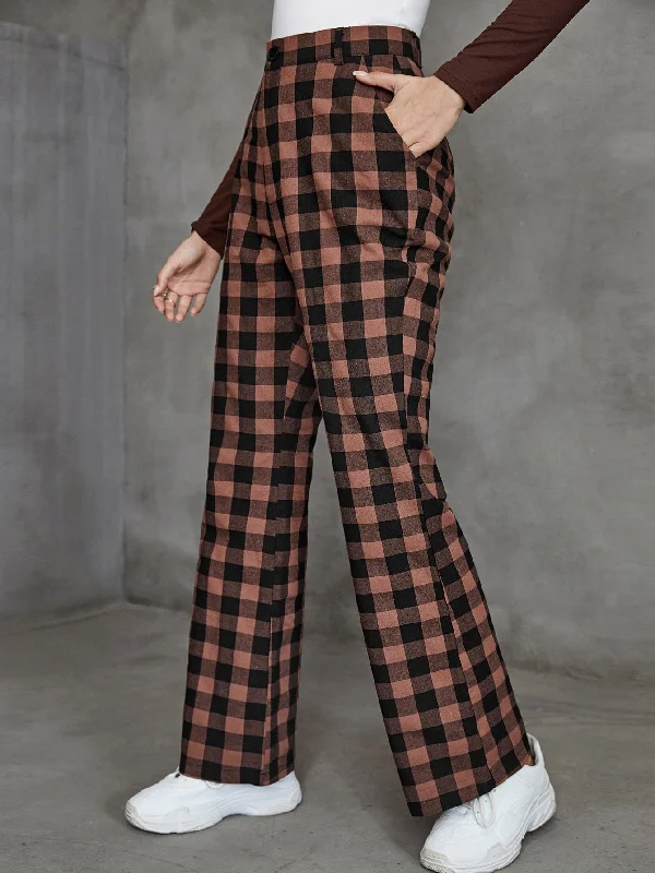 Casual Gingham Zipper High Waist Long Women Pants