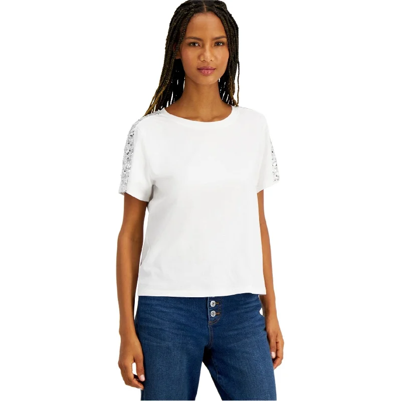 I-N-C Womens Sequin Sleeve Embellished T-Shirt, White, Small Luxurious Women's High -  end