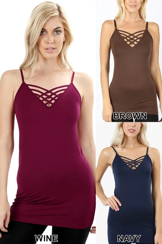 Seamless Lattice Front Cami - Adjustable Strap - Wine Compression