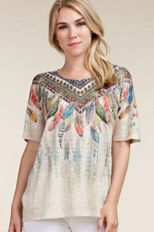 Vocal Feathers Rhinestones Top - Taupe Dynamic Women's High - energy