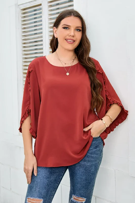 Plus Size Round Neck Frill Trim Blouse Vintage Women's 1970S 